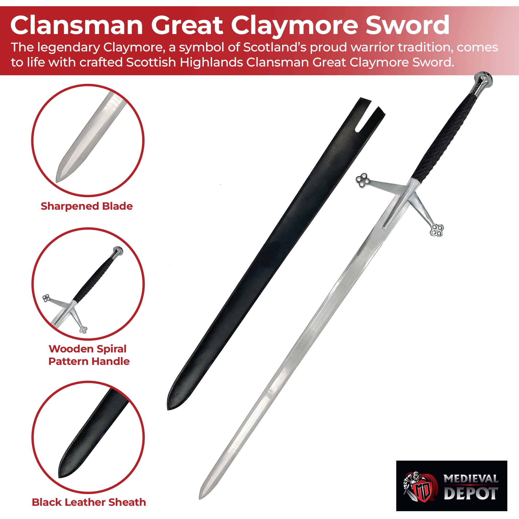 Scottish Highlands Clansman Great Claymore Sword with Leather Sheath Swords - Tophatter Daily Deals