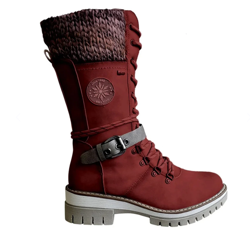 Insulating Women Lace-Up Winter Boots - Mid Faux Leather Red - Tophatter Daily Deals