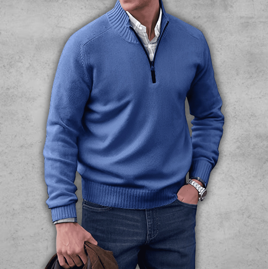 Soft Classic Mens Quarter Zip Sweater - Ribbed Cotton Blue - Tophatter Daily Deals
