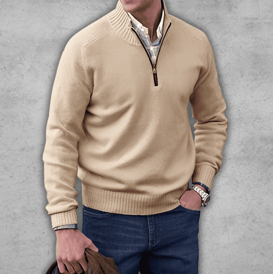 Soft Classic Mens Quarter Zip Sweater - Ribbed Cotton Beige - Tophatter Daily Deals