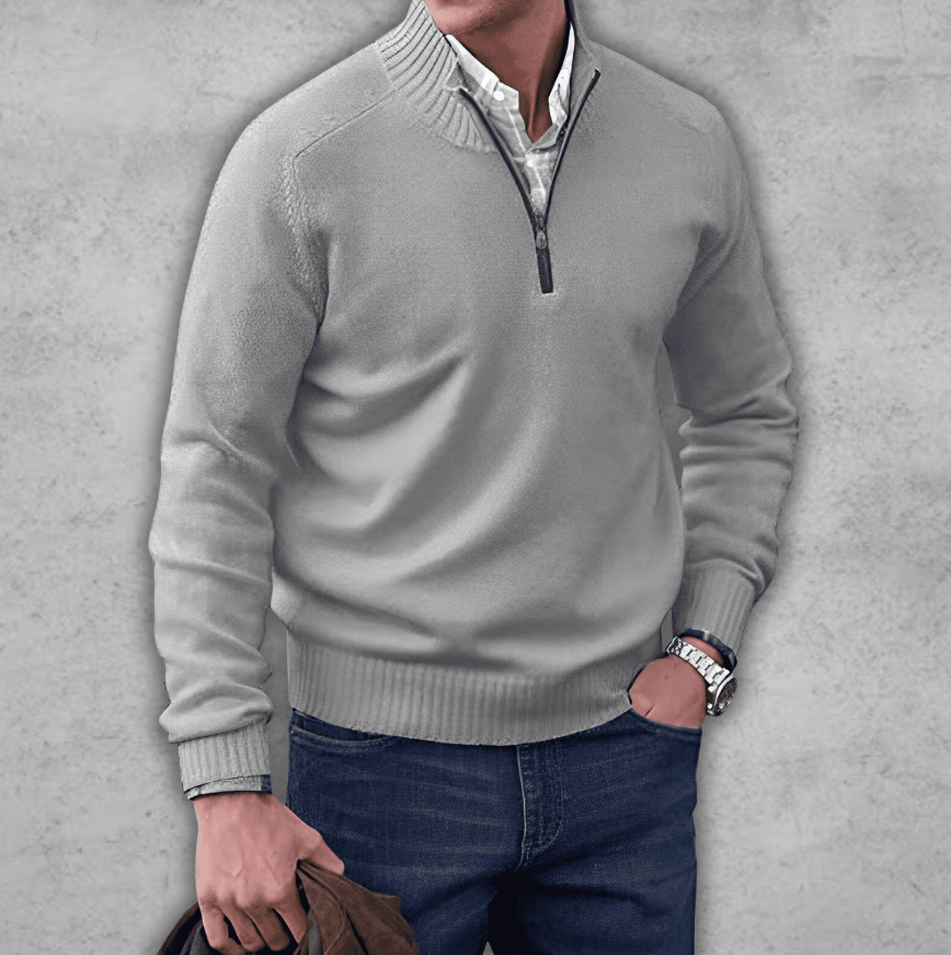 Soft Classic Mens Quarter Zip Sweater - Ribbed Cotton Light gray - Tophatter Daily Deals