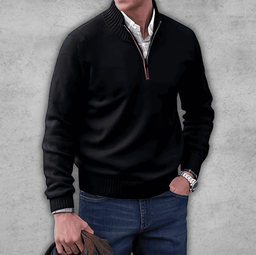 Soft Classic Mens Quarter Zip Sweater - Ribbed Cotton Black - Tophatter Daily Deals