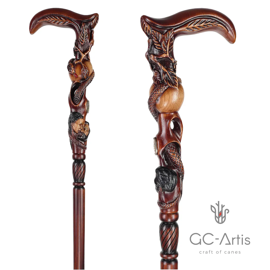 Adam & Eve Carved Wood Cane: Unique Wood Handcarved Artisan Detail Hand Carved Artisan - Tophatter Daily Deals
