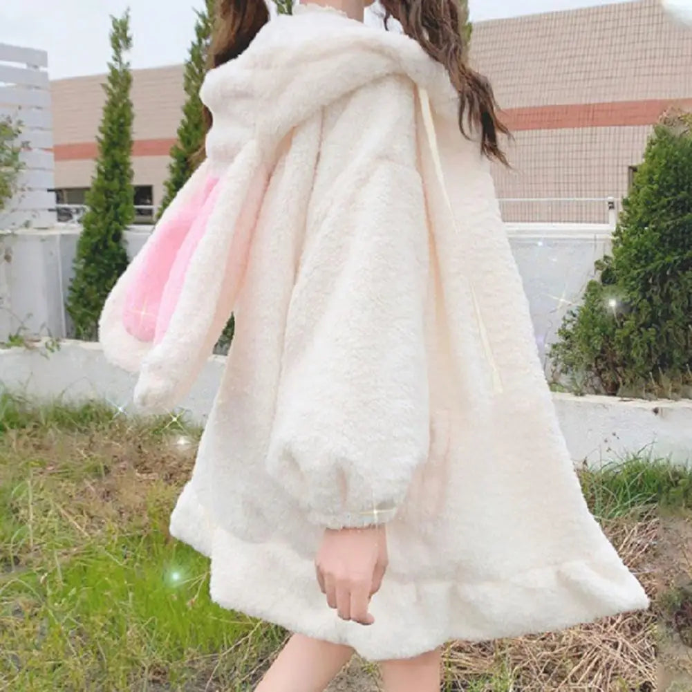 Hoodie Winter Bunny Ears White Black Pink Sweatshirt Long Sleeve Zip Up Hoodies Animals - Tophatter Daily Deals