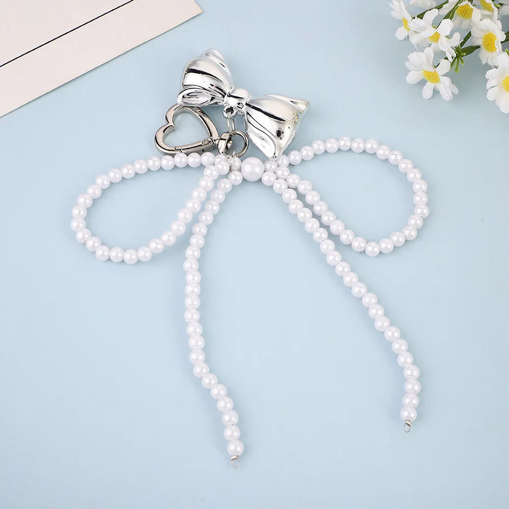 Beaded Pearl Bow Keychain Y2K Bag Charm Cute Gift Accessory White set 2 - Tophatter Daily Deals