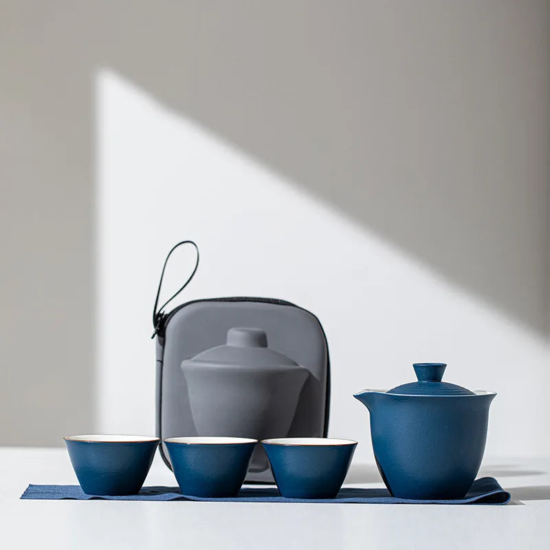 Portable Ceramic Travel Tea Set With Case Gift Kit Blue - Tophatter Daily Deals