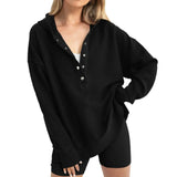 Oversized Women Pullover Hoodie - Snap V-Neck, Ribbed Black - Tophatter Daily Deals