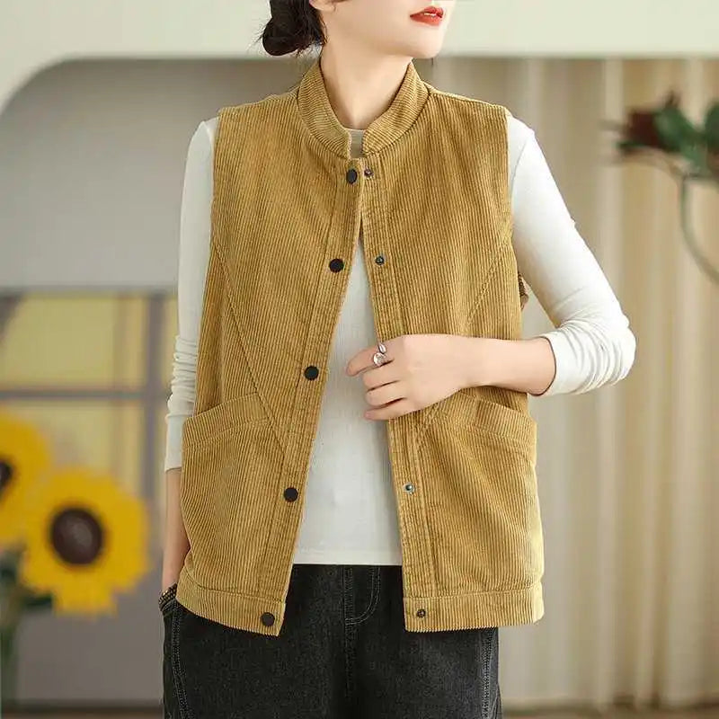 Soft Women's Corduroy Vest - Relaxed Sleeveless, Velvet Yellow - Tophatter Daily Deals
