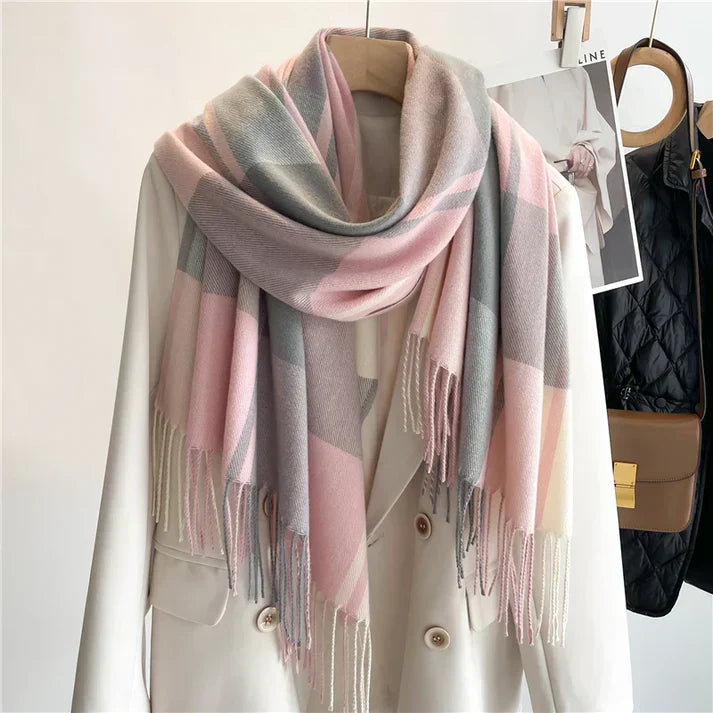 Oversized Women’s Check Scarf - Soft Wool, Fringed Winter Pink - Tophatter Daily Deals