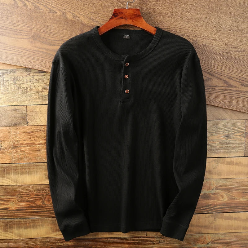 Soft Classic Men's Long Sleeve Pullover - Henley Knit Black - Tophatter Daily Deals