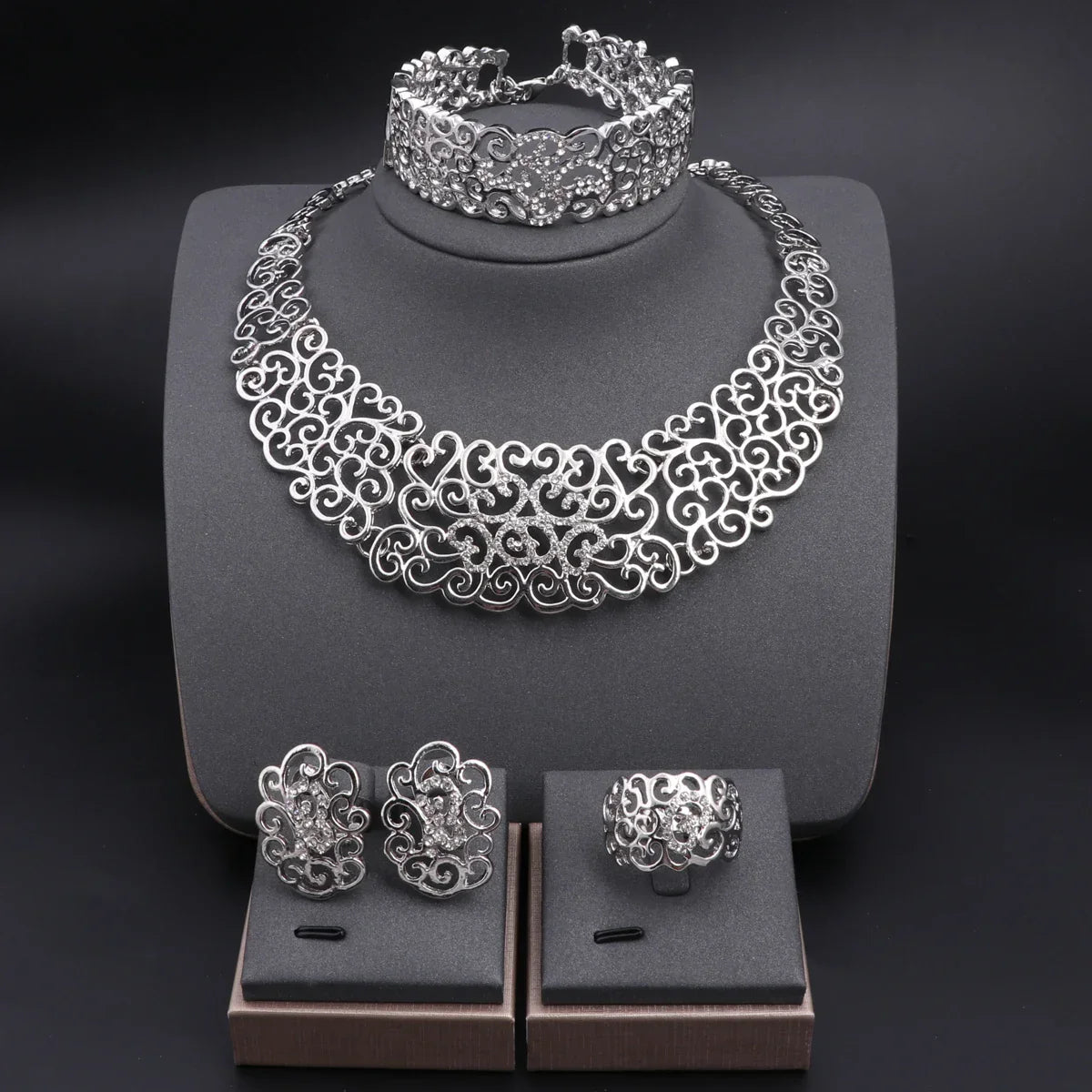 Jewelry Set Necklace Earrings Ring Bracelet (Silver) Apparel & Accessories > Jewelry > Jewelry Sets - Tophatter Daily Deals