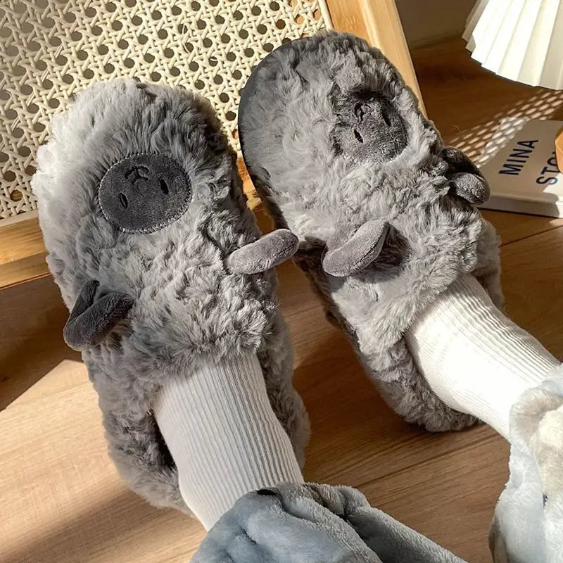 Plush Alpaca Sheep Lamb Warm Fluffy Faux Fur Slippers Grey Alpaca Animals - Tophatter Daily Deals