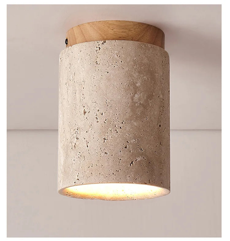 Japandi Travertine Ceiling Light Wood Cap Round Mid Century Lamp - Tophatter Daily Deals