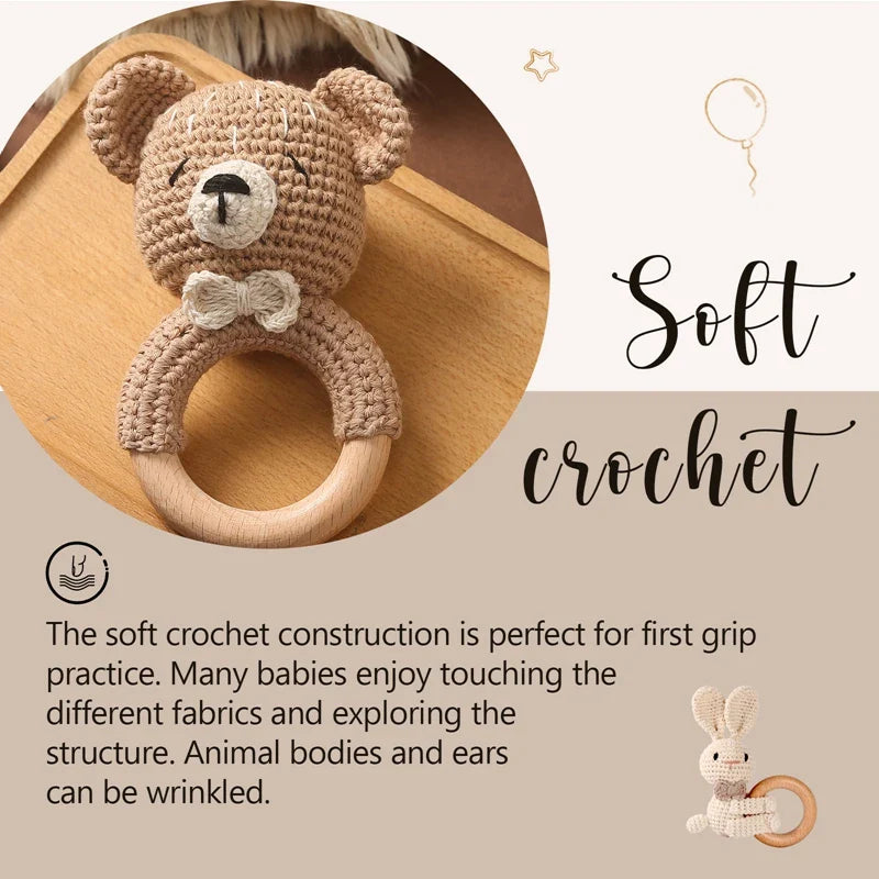 Crochet Bear Teether Rattle Ring Newborn Sensory Toys - Tophatter Daily Deals