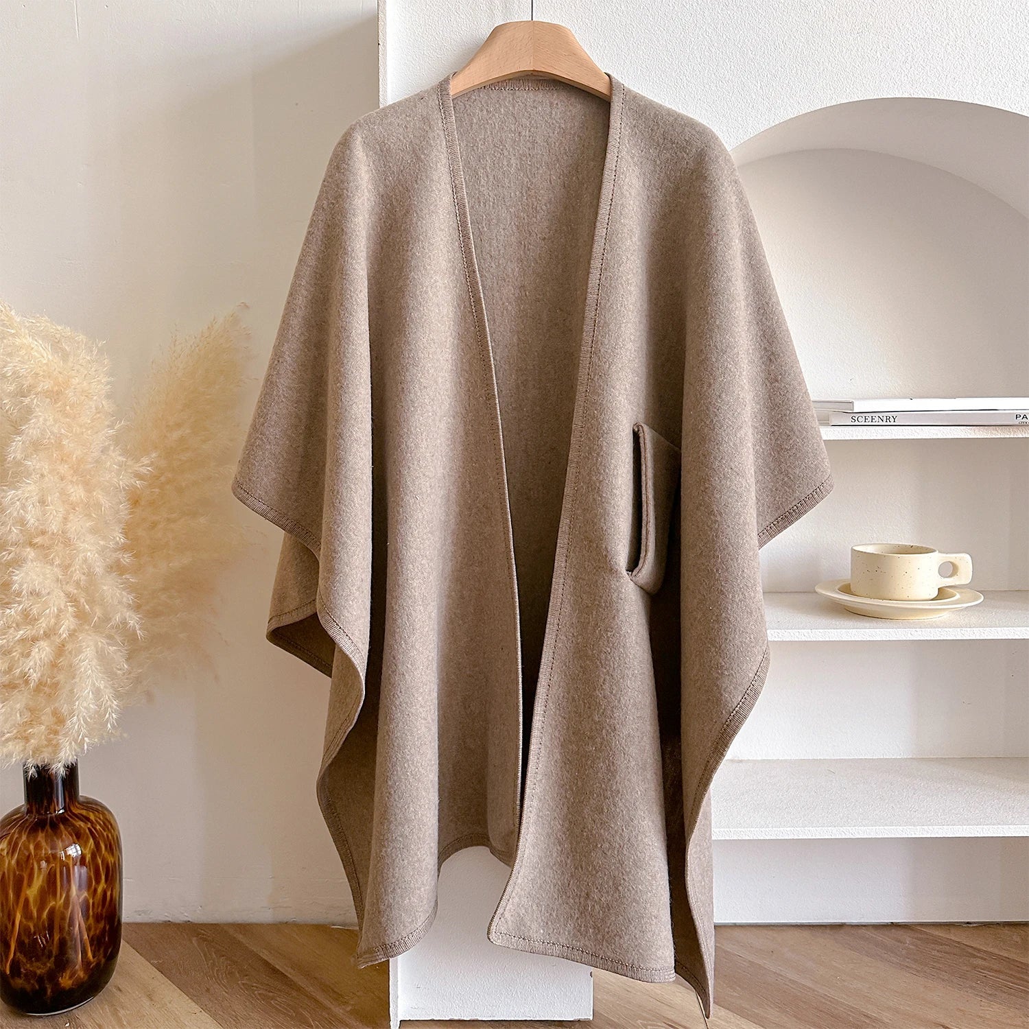 Warm Womens Poncho - Draped Cape Knot, Cashmere Pashmina Dark Khaki - Tophatter Daily Deals