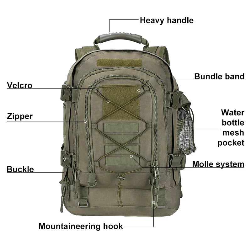 60L Expandable Tactical Backpack Molle Green Backpacks - Tophatter Daily Deals