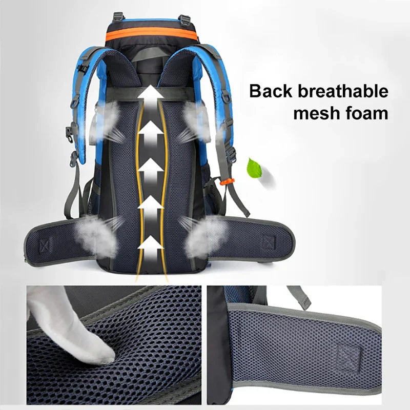 70L Camping Backpack Tear-Resistant Rucksack Blue Backpacks - Tophatter Daily Deals