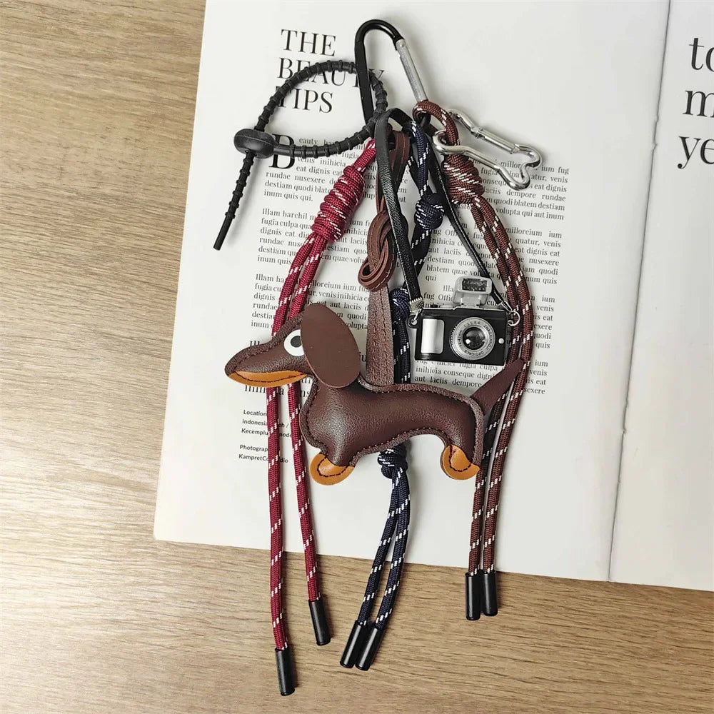 Braid Rope Bag Charm Leather Dachshund Keychain Aesthetic Black and white - Tophatter Daily Deals