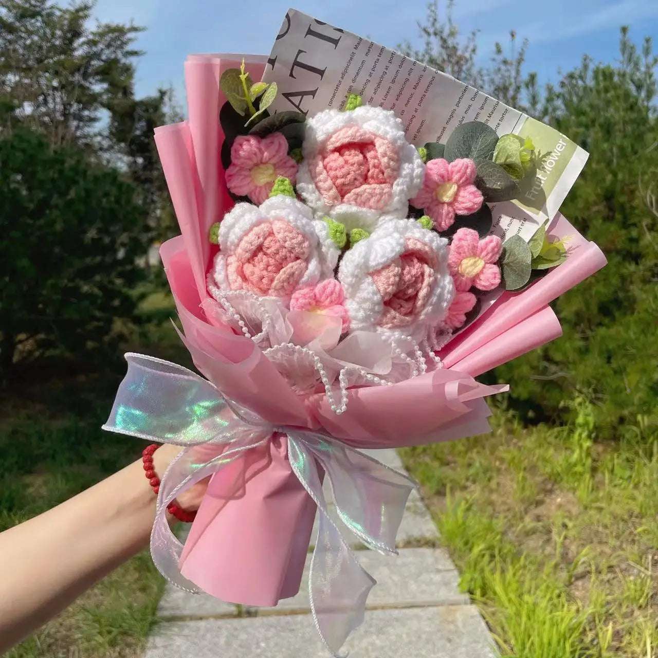 Crochet Knitted Plush Flowers Bouquet Pink Flowers - Tophatter Daily Deals