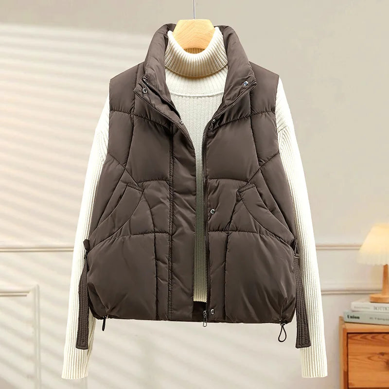 Warm Women's Puffer Vest - Quilted High Collar, Polyester Brown - Tophatter Daily Deals