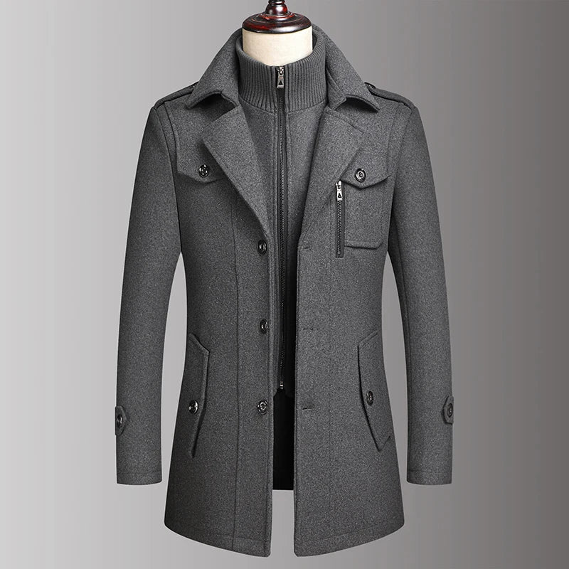 Men's Double Collar Wool Business Coat Winter (Gray) Apparel & Accessories > Clothing > Outerwear > Coats & Jackets > Overcoats - Tophatter Daily Deals