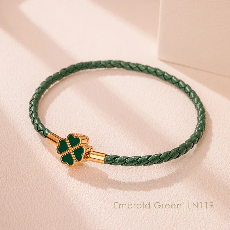 Four Leaf Clover Braided Leather Lucky Bracelet Gift Navy Green CHINA - Tophatter Daily Deals