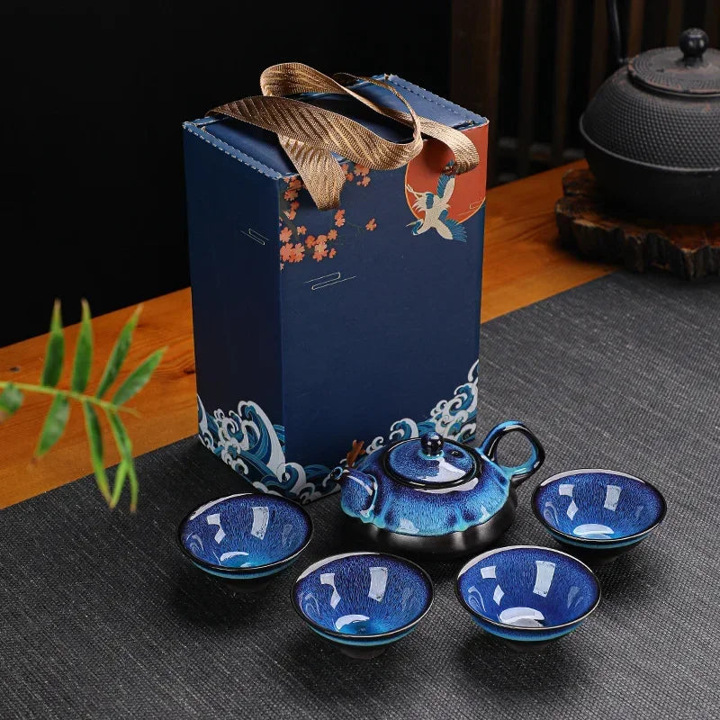 Jun Kiln Ceramic Tea Set With Gift Box Blue Premium Glaze 5-piece set - Tophatter Daily Deals