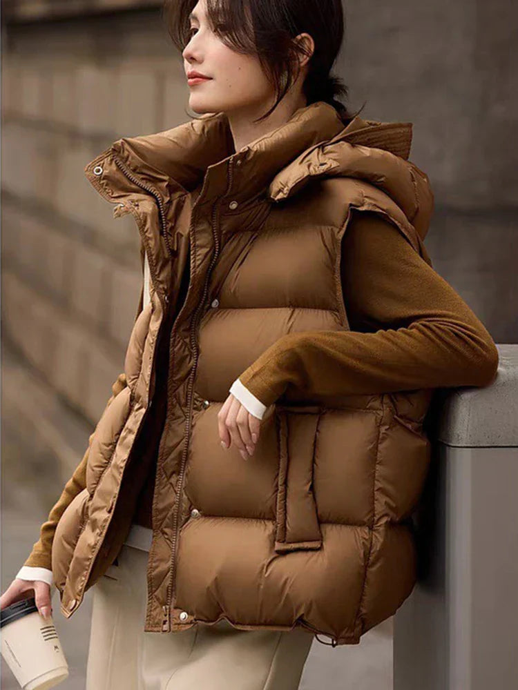 Insulating Women’s Hooded Puff Vest - Hip-Length, Down - Tophatter Daily Deals