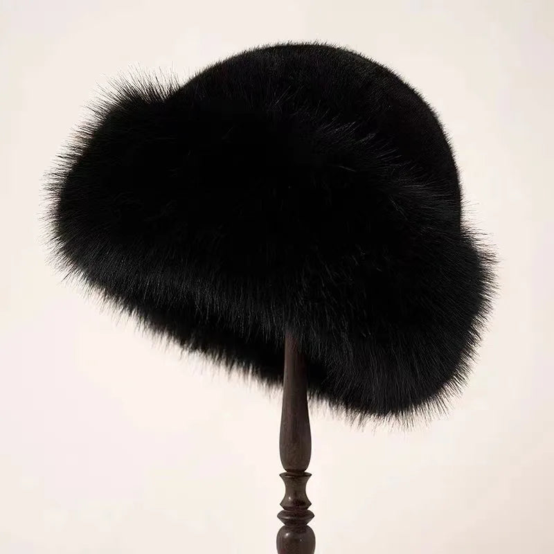 Insulating Women's Faux Fur Winter Hat - Rolled Brim, Plush Black - Tophatter Daily Deals