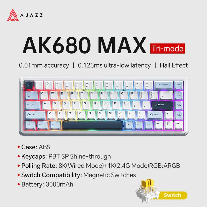 Mechanical Keyboard Sixty Mini Wireless ARGB Magnetic Hall BLUE 8-1K-Tri-mode - Tophatter Daily Deals