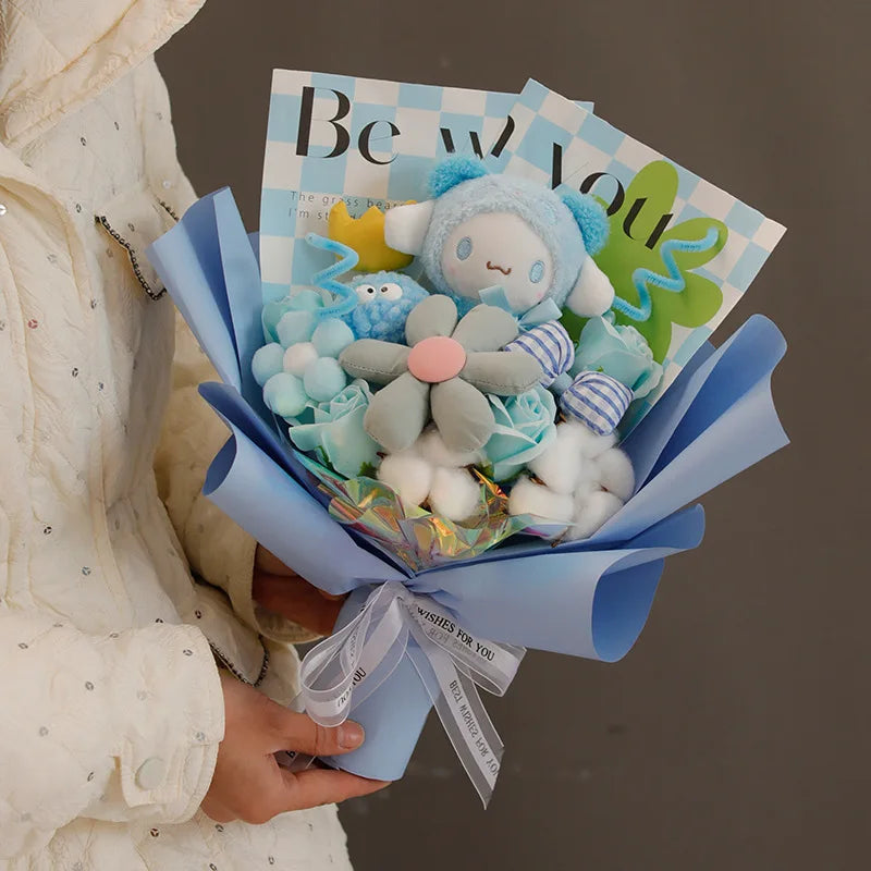 Sanrio Kuromi Cinnamoroll PomPom Purin Plush Bouquet Blue Flowers - Tophatter Daily Deals