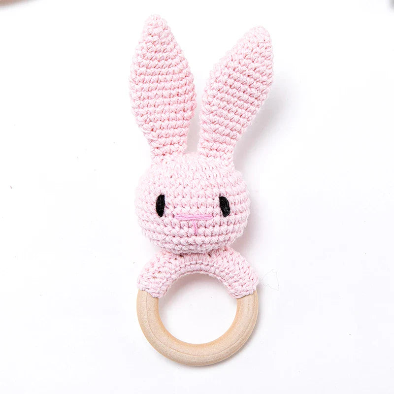 Wooden Crochet Animal Teether Rattle Newborn Sensory Toys pink rabbit - Tophatter Daily Deals