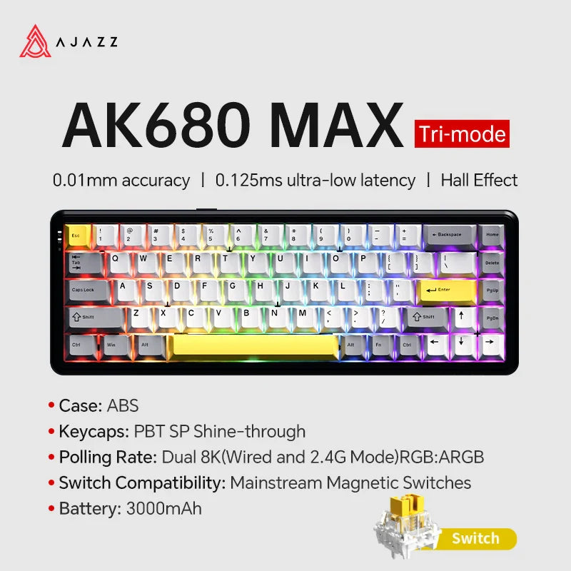 Mechanical Keyboard Sixty Mini Wireless ARGB Magnetic Hall GREY 8-8K-Tri-mode - Tophatter Daily Deals