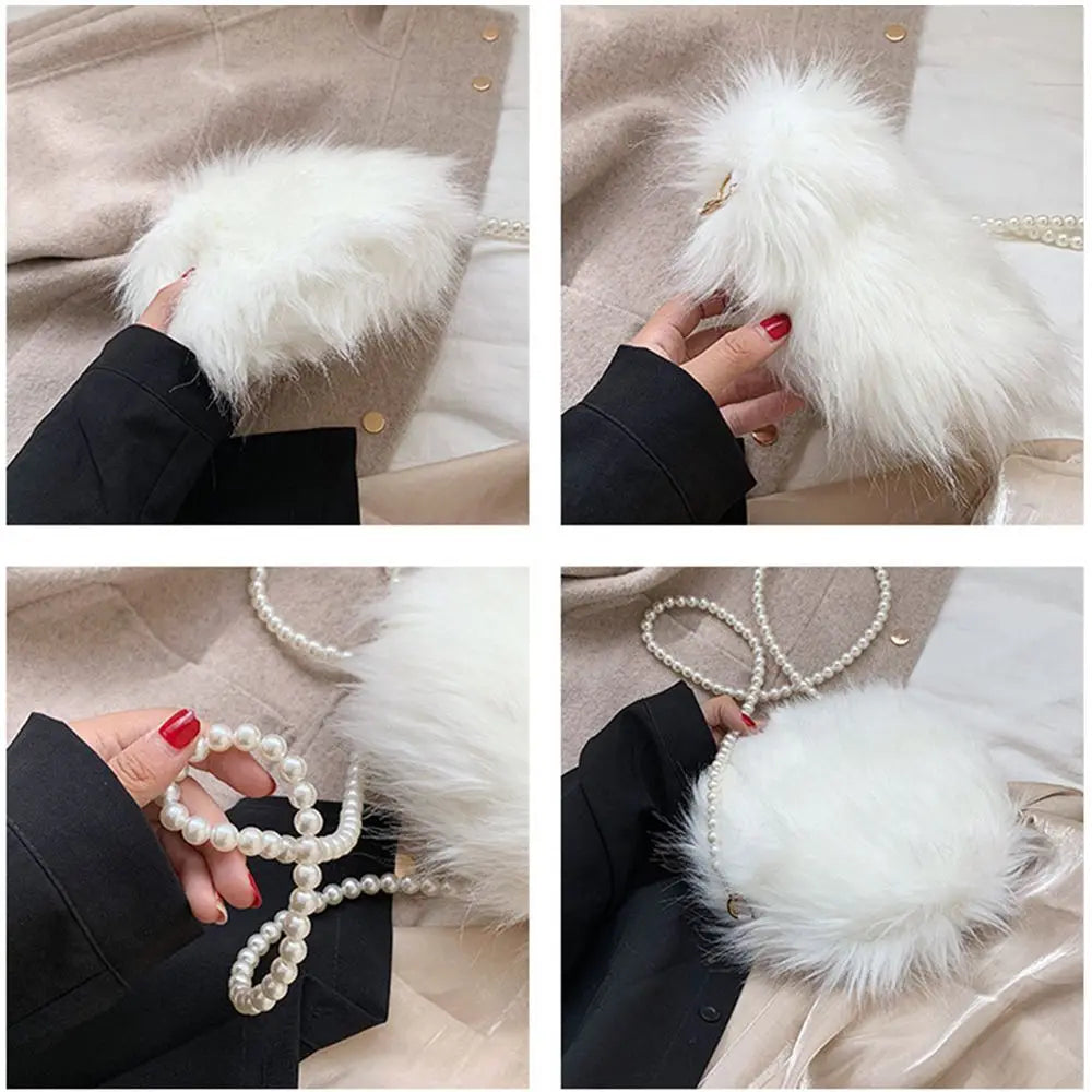 Faux Fur Fluffy White Bag Crossbody Handbag Pearl Strap Mythical - Tophatter Daily Deals