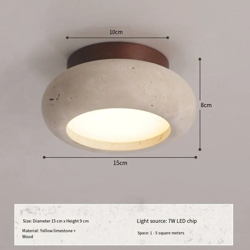 Japandi Travertine Ceiling Light Wood Cap Round Mid Century Lamp K-01 - Tophatter Daily Deals