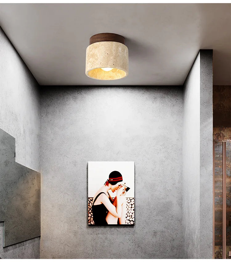 Japandi Travertine Ceiling Light Wood Cap Round Mid Century Lamp - Tophatter Daily Deals