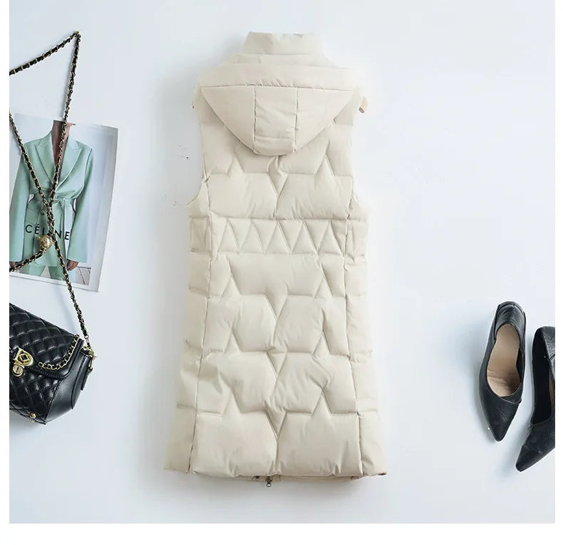 Lightweight Cozy Women Long Puffer Vest - Hooded Down - Tophatter Daily Deals