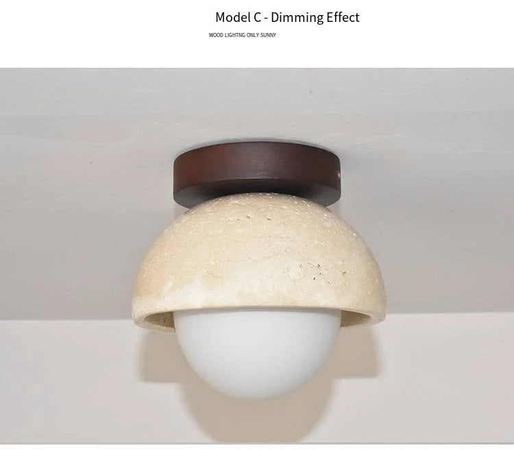 Japandi Travertine Ceiling Light Wood Cap Round Mid Century Lamp - Tophatter Daily Deals