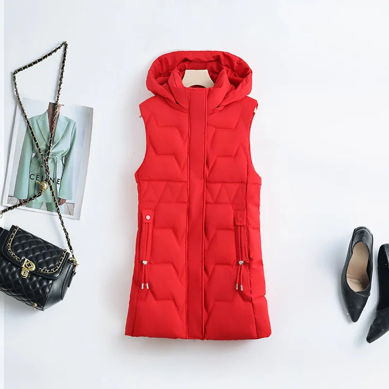 Lightweight Cozy Women Long Puffer Vest - Hooded Down Red - Tophatter Daily Deals