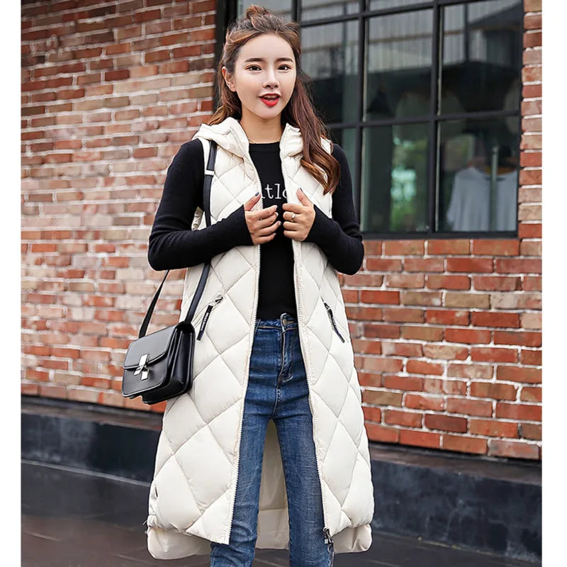 Lightweight Women's Long Puffer Vest - Hooded Cotton Winter - Tophatter Daily Deals