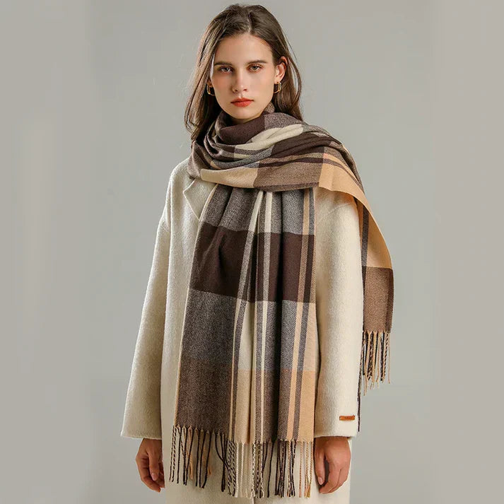 Oversized Women’s Check Scarf - Soft Wool, Fringed Winter Brown - Tophatter Daily Deals