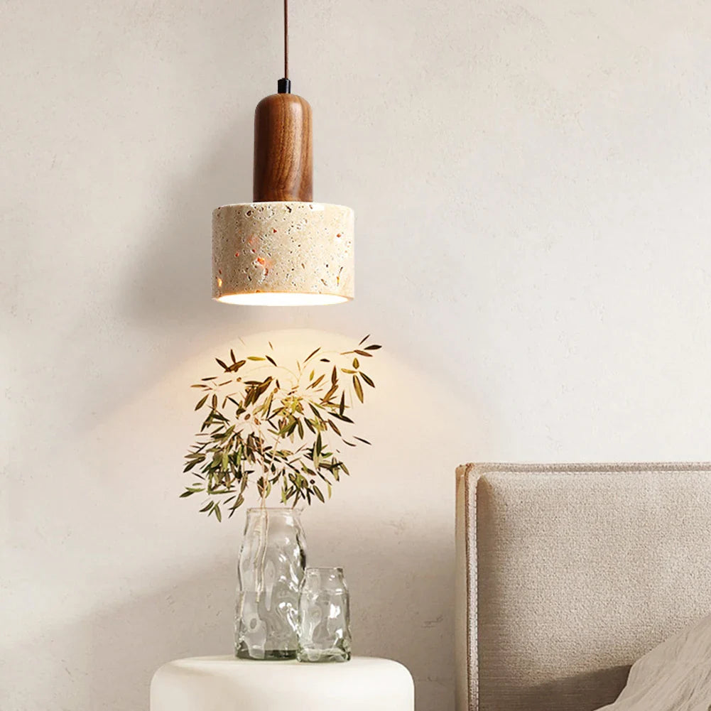 Japandi Japanese Pendant Light Wood And Travertine Bedside Lamp - Tophatter Daily Deals