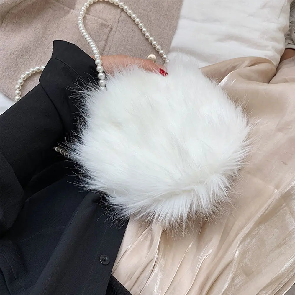 Faux Fur Fluffy White Bag Crossbody Handbag Pearl Strap Mythical - Tophatter Daily Deals