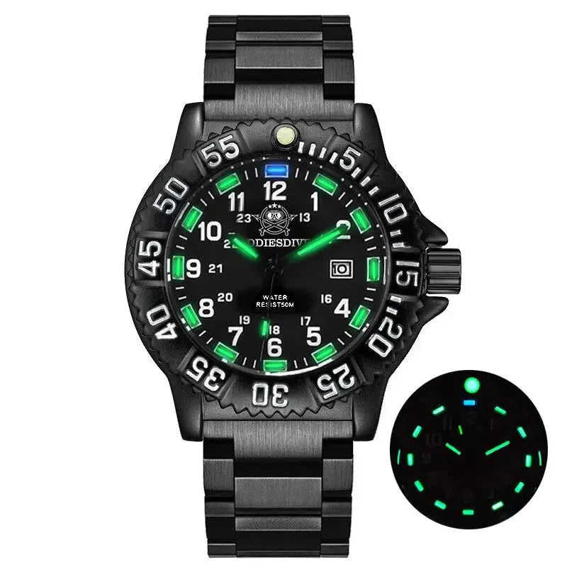 Military Watch Green Nylon Strap 50m Waterproof Luminous Steel black - Tophatter Daily Deals