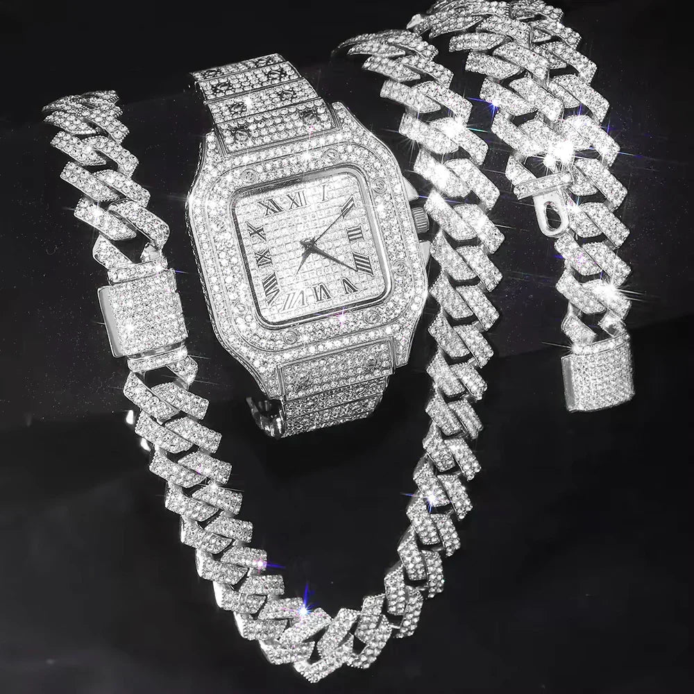 3pcs Men's Watch Set Square Watch Cuban Chain Bracelet (Silver) Apparel & Accessories > Jewelry > Jewelry Sets - Tophatter Daily Deals