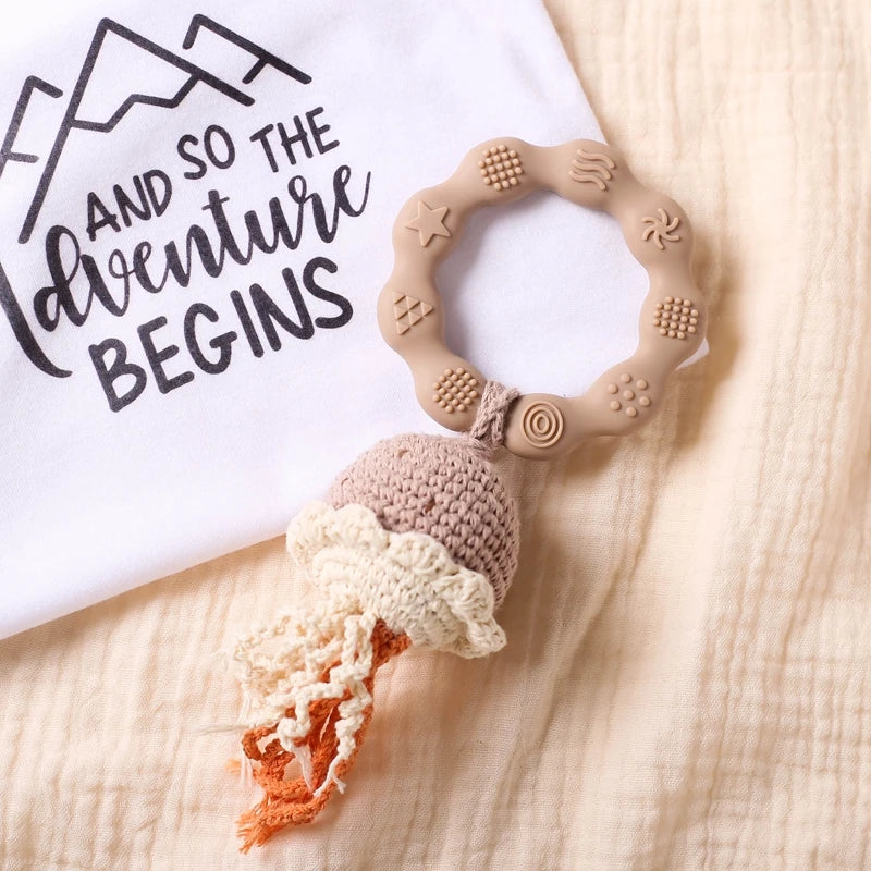 Crochet Bear Teether Rattle Ring Newborn Sensory Toys - Tophatter Daily Deals