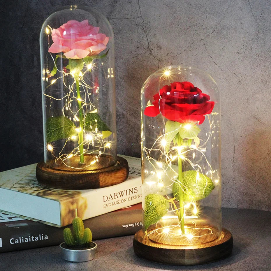 Beauty & The Beast Eternal Red Rose In Glass Dome with LED Lights Flowers - Tophatter Daily Deals