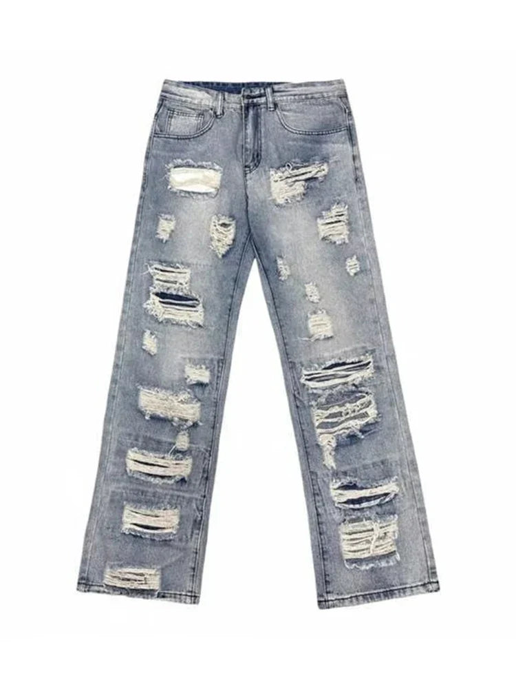 Oversized Relaxed Mens Jeans - Ripped Straight Leg Denim Blue - Tophatter Daily Deals