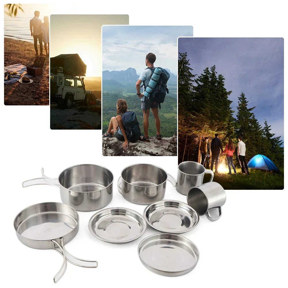 8-Piece Camping Cookware Mess Kit Silver Camp Cooking - Tophatter Daily Deals