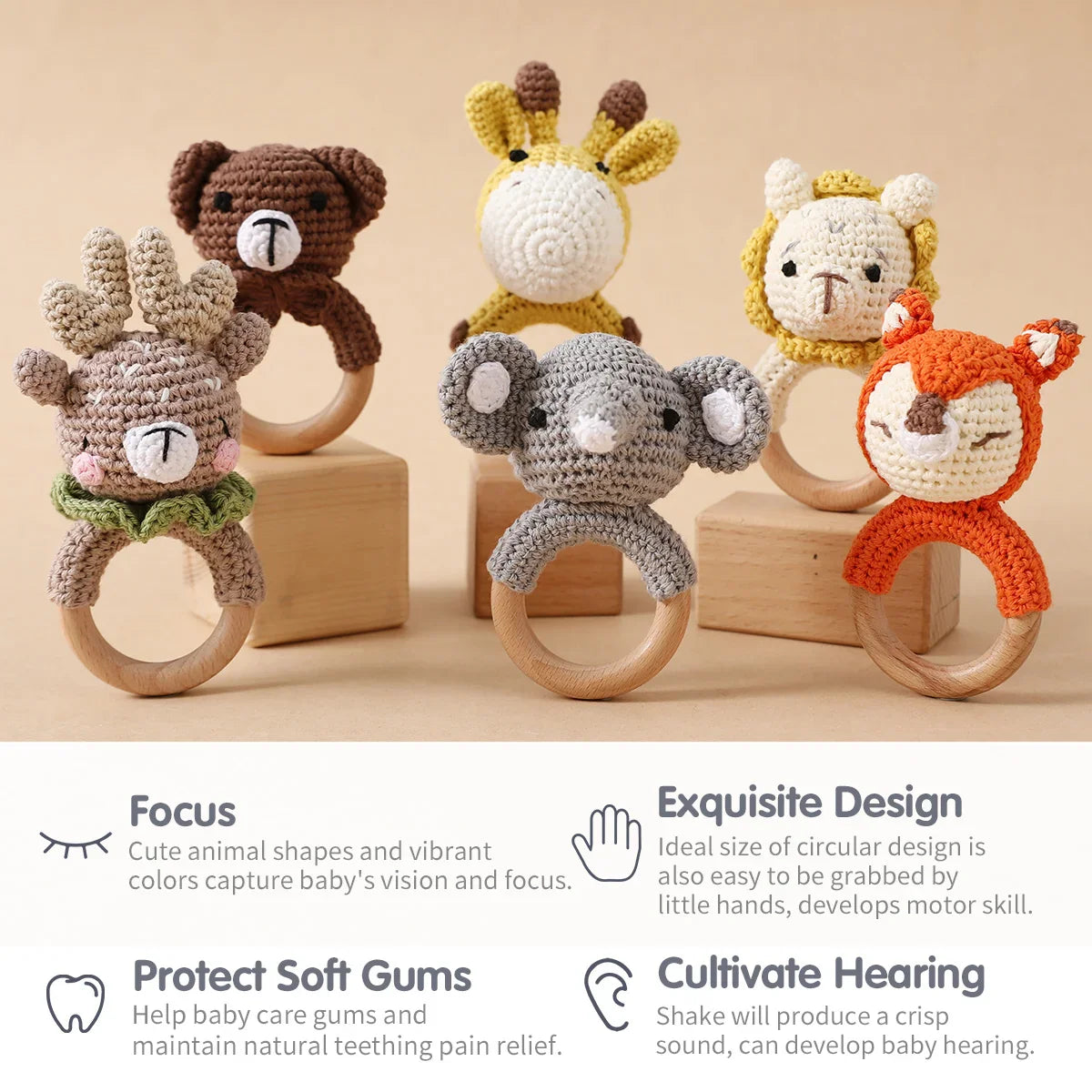 Wooden Crochet Animal Teether Rattle Newborn Sensory Toys - Tophatter Daily Deals
